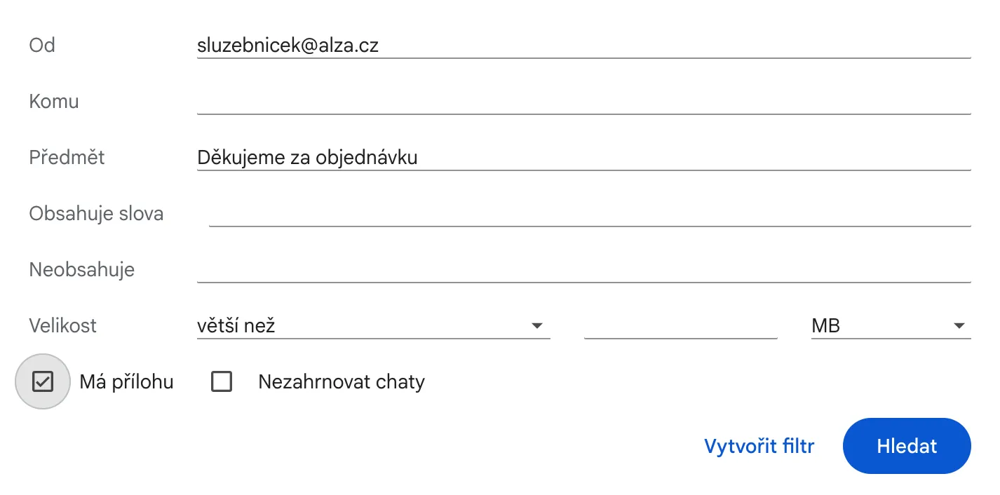 Setting up an invoice filter in Gmail with the sender and attachment filled in