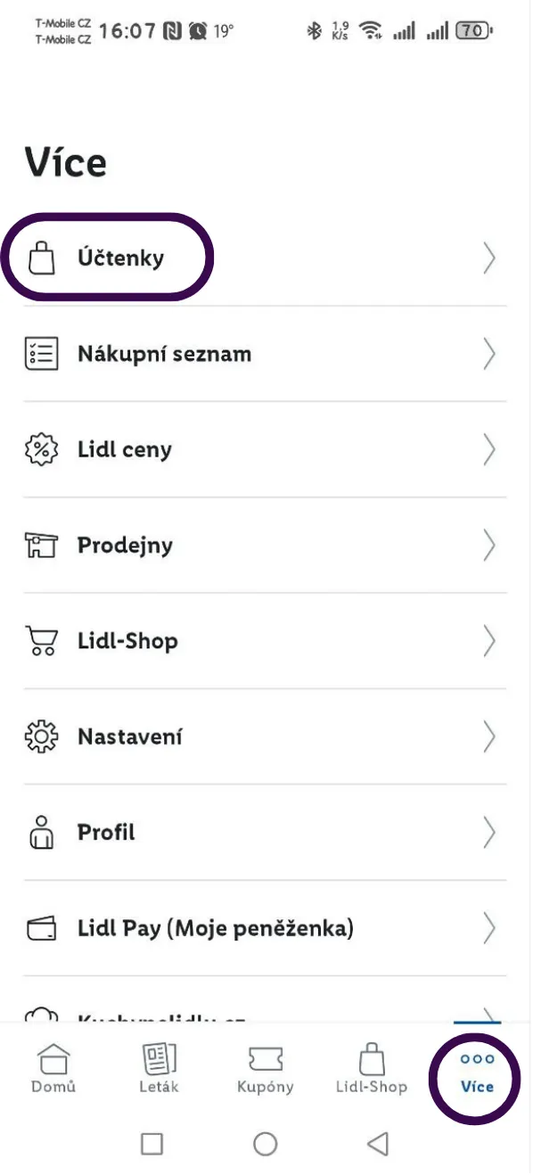 In the More > Receipts menu