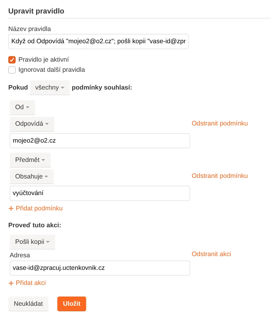 Setting up rules in Seznam email